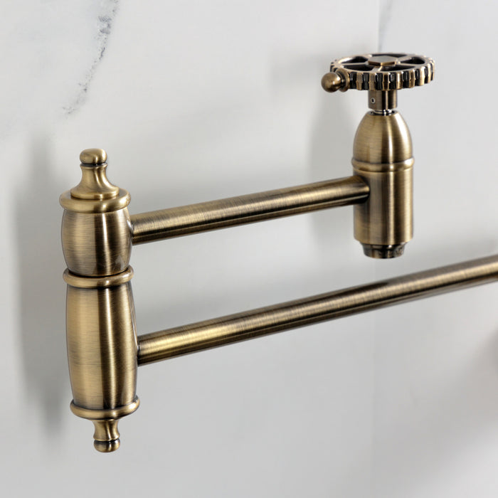 Kingston Tulare KS3103CG - Fuller Two-Handle 1-Hole Wall Mount Pot Filler Faucet, Antique Brass