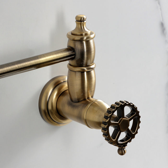 Kingston Tulare KS3103CG - Fuller Two-Handle 1-Hole Wall Mount Pot Filler Faucet, Antique Brass