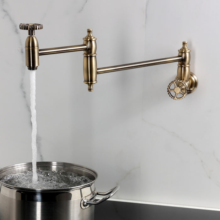 Kingston Tulare KS3103CG - Fuller Two-Handle 1-Hole Wall Mount Pot Filler Faucet, Antique Brass