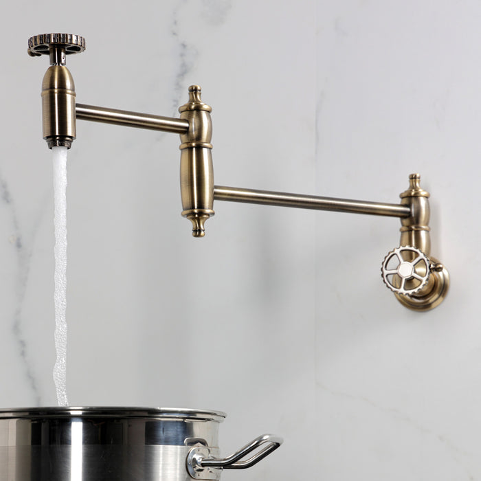 Kingston Tulare KS3103CG - Fuller Two-Handle 1-Hole Wall Mount Pot Filler Faucet, Antique Brass