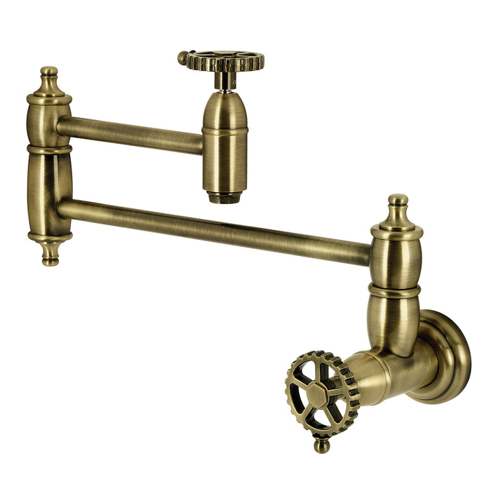 Kingston Tulare KS3103CG - Fuller Two-Handle 1-Hole Wall Mount Pot Filler Faucet, Antique Brass