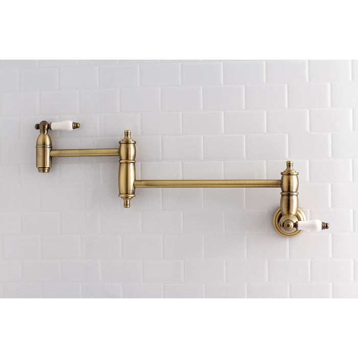 Restoration KS3103PL Two-Handle 1-Hole Wall Mount Pot Filler Faucet, Antique Brass
