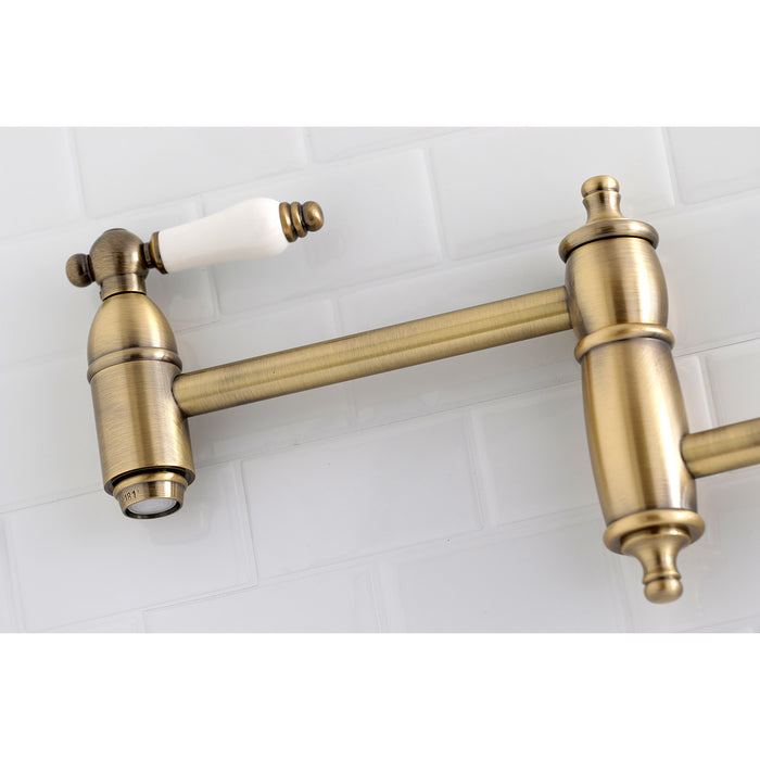 Restoration KS3103PL Two-Handle 1-Hole Wall Mount Pot Filler Faucet, Antique Brass