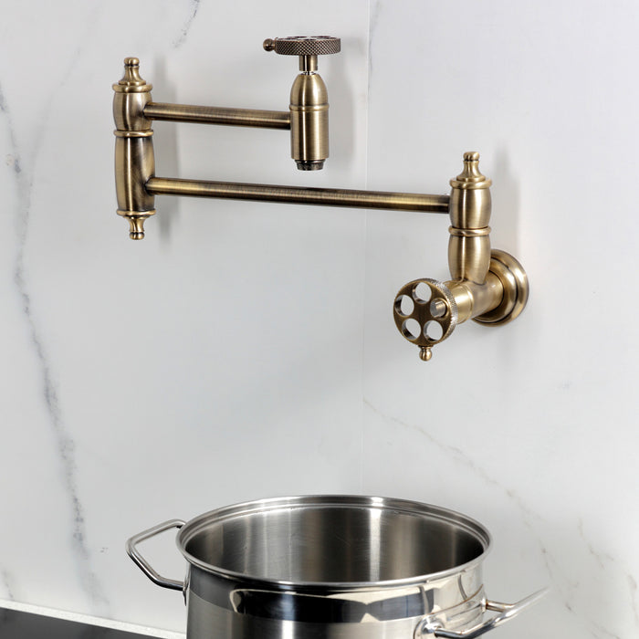 Kingston Tulare KS3103RKX - Webb Two-Handle 1-Hole Wall Mount Pot Filler Faucet with Knurled Handle, Antique Brass