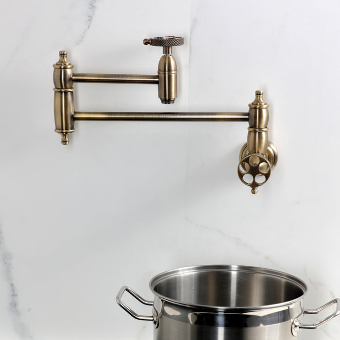 Kingston Tulare KS3103RKX - Webb Two-Handle 1-Hole Wall Mount Pot Filler Faucet with Knurled Handle, Antique Brass