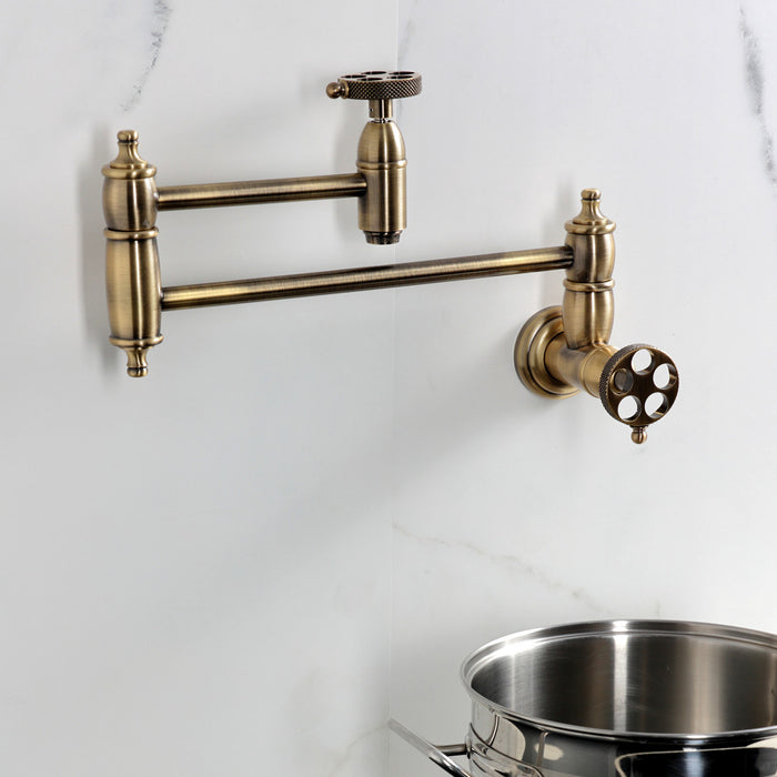 Kingston Tulare KS3103RKX - Webb Two-Handle 1-Hole Wall Mount Pot Filler Faucet with Knurled Handle, Antique Brass