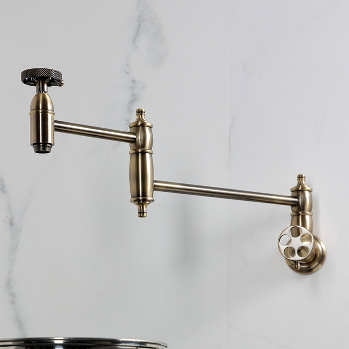 Kingston Tulare KS3103RKX - Webb Two-Handle 1-Hole Wall Mount Pot Filler Faucet with Knurled Handle, Antique Brass