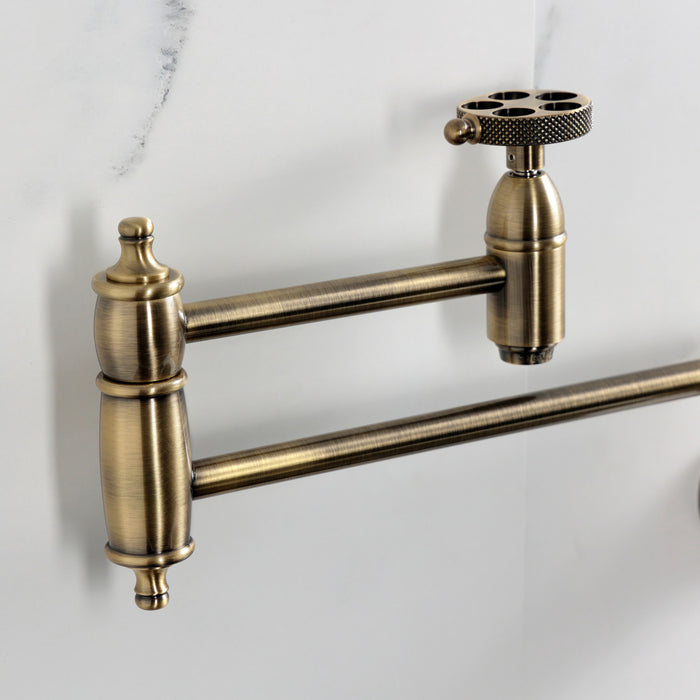 Kingston Tulare KS3103RKX - Webb Two-Handle 1-Hole Wall Mount Pot Filler Faucet with Knurled Handle, Antique Brass