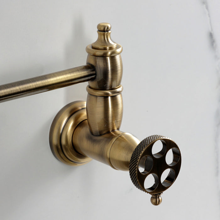 Kingston Tulare KS3103RKX - Webb Two-Handle 1-Hole Wall Mount Pot Filler Faucet with Knurled Handle, Antique Brass
