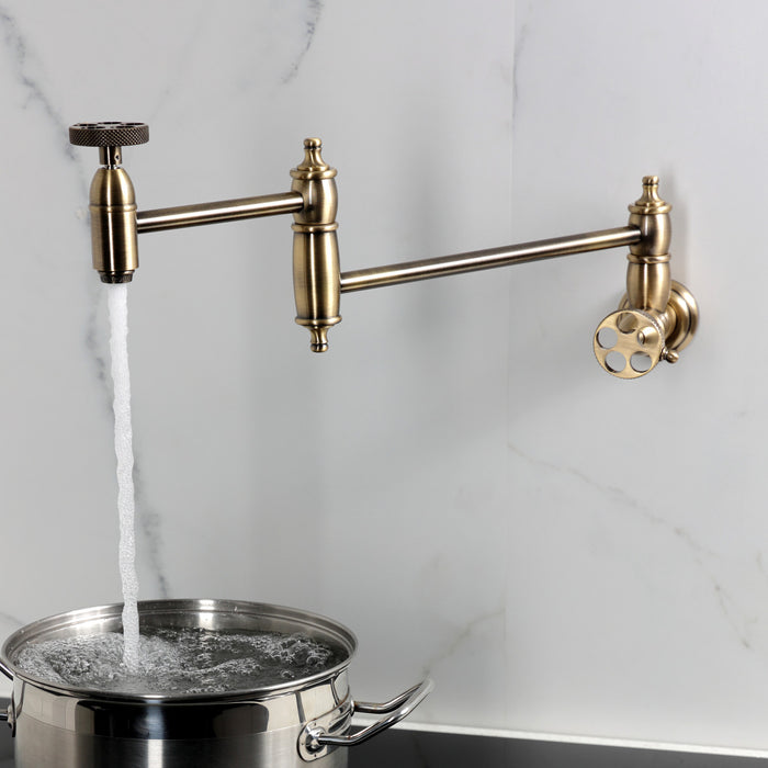 Kingston Tulare KS3103RKX - Webb Two-Handle 1-Hole Wall Mount Pot Filler Faucet with Knurled Handle, Antique Brass