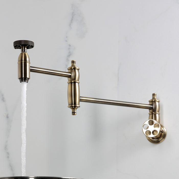 Kingston Tulare KS3103RKX - Webb Two-Handle 1-Hole Wall Mount Pot Filler Faucet with Knurled Handle, Antique Brass