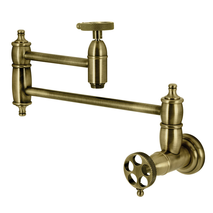 Kingston Tulare KS3103RKX - Webb Two-Handle 1-Hole Wall Mount Pot Filler Faucet with Knurled Handle, Antique Brass