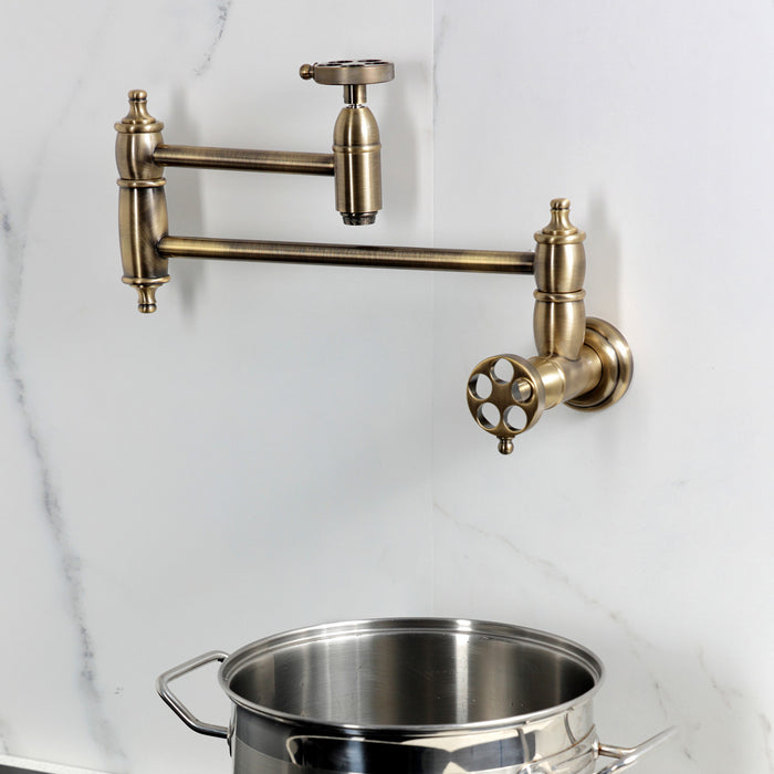 Kingston Heirloom KS3103RKZ - Wendell Two-Handle 1-Hole Wall Mount Pot Filler Faucet with Knurled Handle, Antique Brass