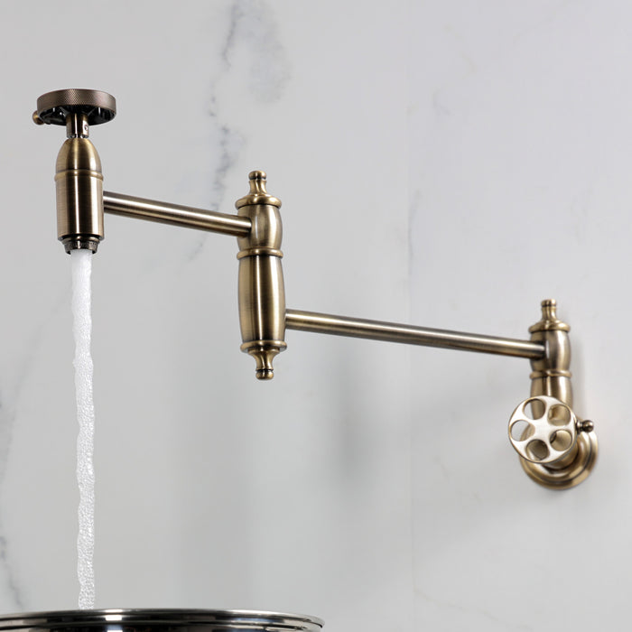 Kingston Heirloom KS3103RKZ - Wendell Two-Handle 1-Hole Wall Mount Pot Filler Faucet with Knurled Handle, Antique Brass