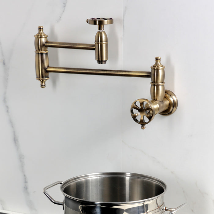 Kingston Tulare KS3103RX - Belknap Two-Handle 1-Hole Wall Mount Pot Filler Faucet, Antique Brass