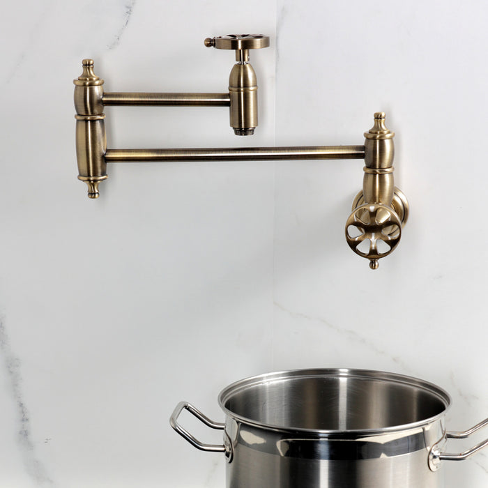 Kingston Tulare KS3103RX - Belknap Two-Handle 1-Hole Wall Mount Pot Filler Faucet, Antique Brass