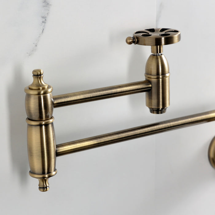 Kingston Tulare KS3103RX - Belknap Two-Handle 1-Hole Wall Mount Pot Filler Faucet, Antique Brass