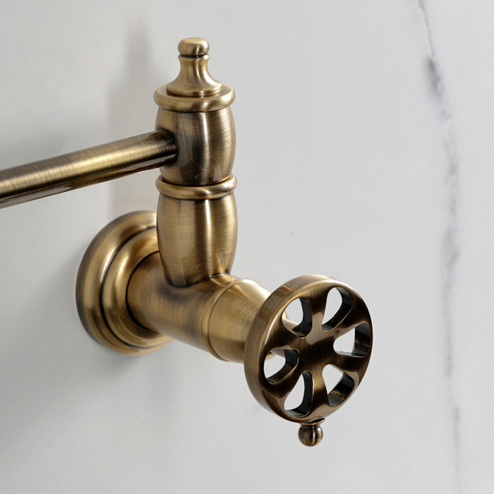 Kingston Tulare KS3103RX - Belknap Two-Handle 1-Hole Wall Mount Pot Filler Faucet, Antique Brass
