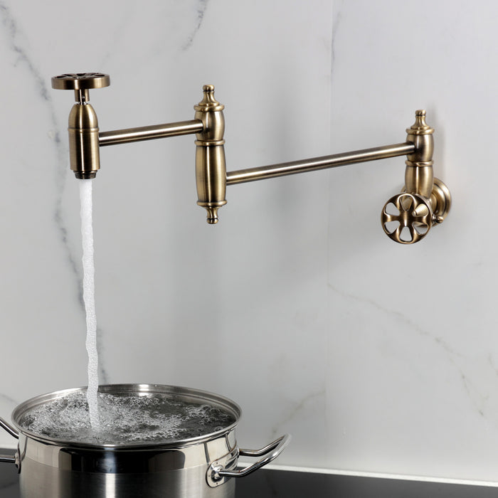 Kingston Tulare KS3103RX - Belknap Two-Handle 1-Hole Wall Mount Pot Filler Faucet, Antique Brass