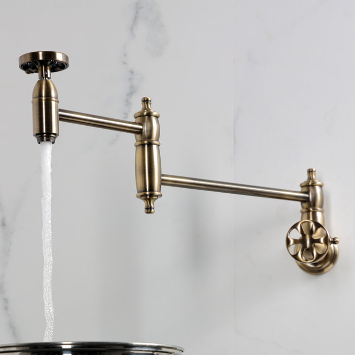 Kingston Tulare KS3103RX - Belknap Two-Handle 1-Hole Wall Mount Pot Filler Faucet, Antique Brass