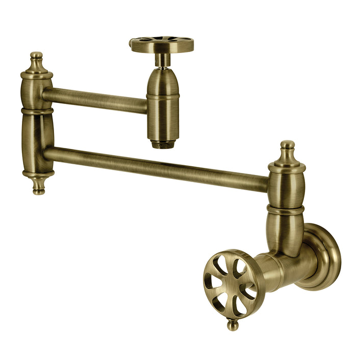 Kingston Tulare KS3103RX - Belknap Two-Handle 1-Hole Wall Mount Pot Filler Faucet, Antique Brass