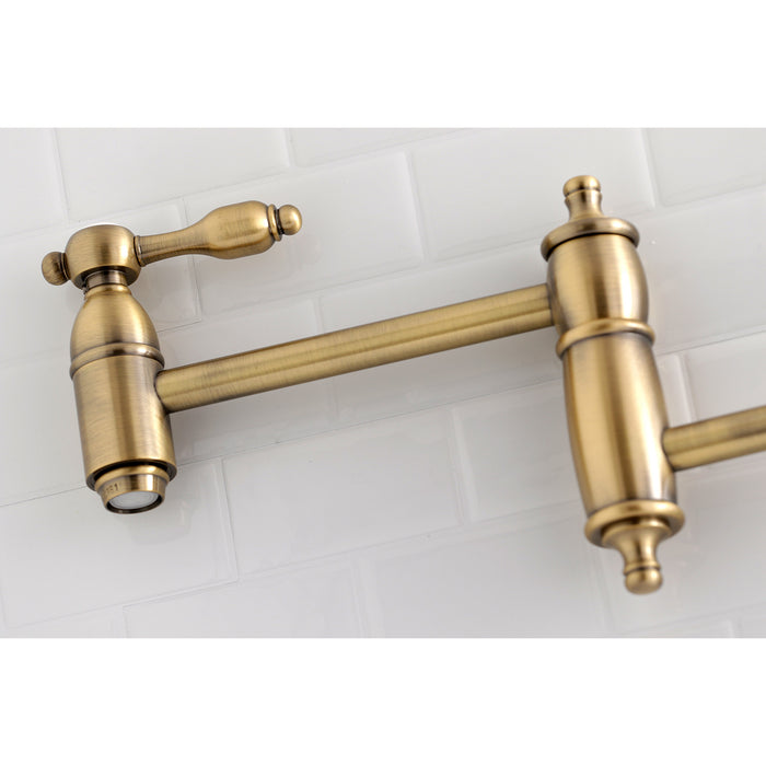 Tudor KS3103TAL Two-Handle 1-Hole Wall Mount Pot Filler Faucet, Antique Brass