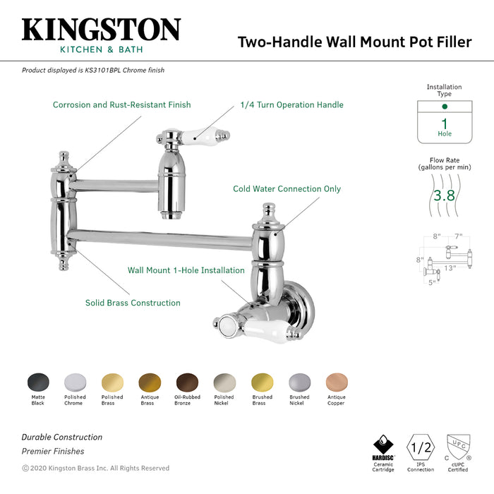 Kingston Heirloom KS3105BPL - Bel-Air Two-Handle 1-Hole Wall Mount Pot Filler Faucet, Oil Rubbed Bronze