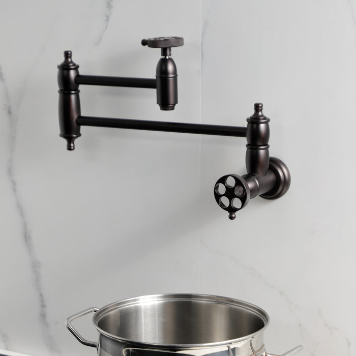 Kingston Heirloom KS3105RKZ - Wendell Two-Handle 1-Hole Wall Mount Pot Filler Faucet with Knurled Handle, Oil Rubbed Bronze