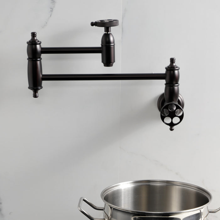 Kingston Heirloom KS3105RKZ - Wendell Two-Handle 1-Hole Wall Mount Pot Filler Faucet with Knurled Handle, Oil Rubbed Bronze