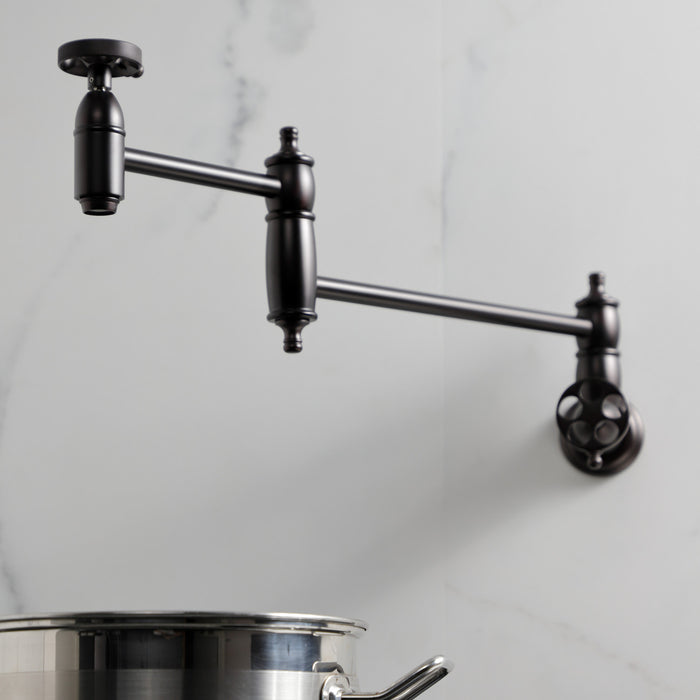 Kingston Heirloom KS3105RKZ - Wendell Two-Handle 1-Hole Wall Mount Pot Filler Faucet with Knurled Handle, Oil Rubbed Bronze