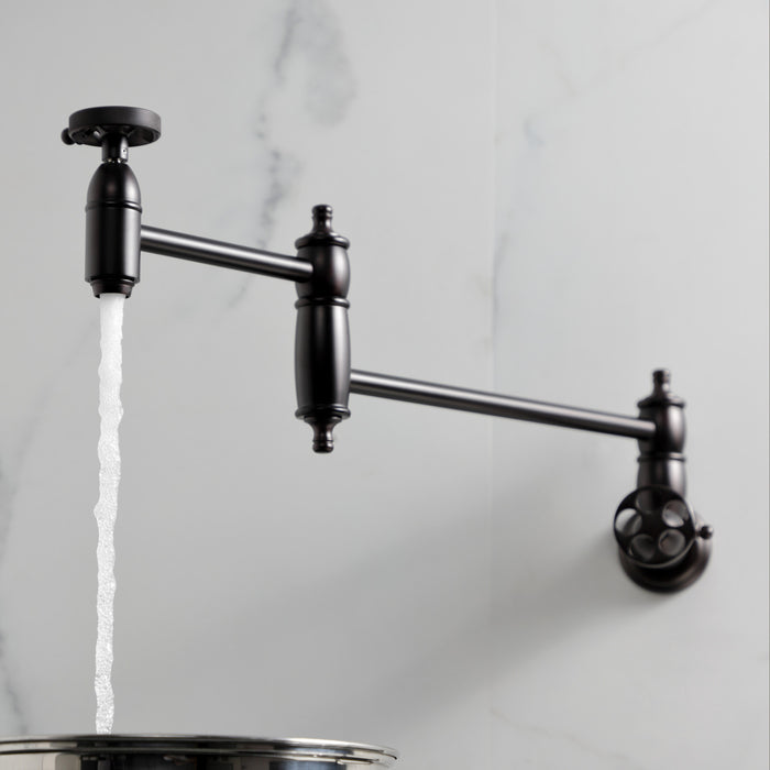 Kingston Heirloom KS3105RKZ - Wendell Two-Handle 1-Hole Wall Mount Pot Filler Faucet with Knurled Handle, Oil Rubbed Bronze