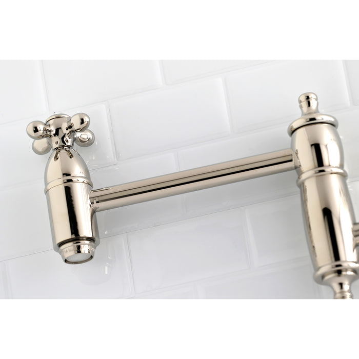 Kingston Heirloom KS3106AX - Restoration Two-Handle 1-Hole Wall Mount Pot Filler Faucet, Polished Nickel