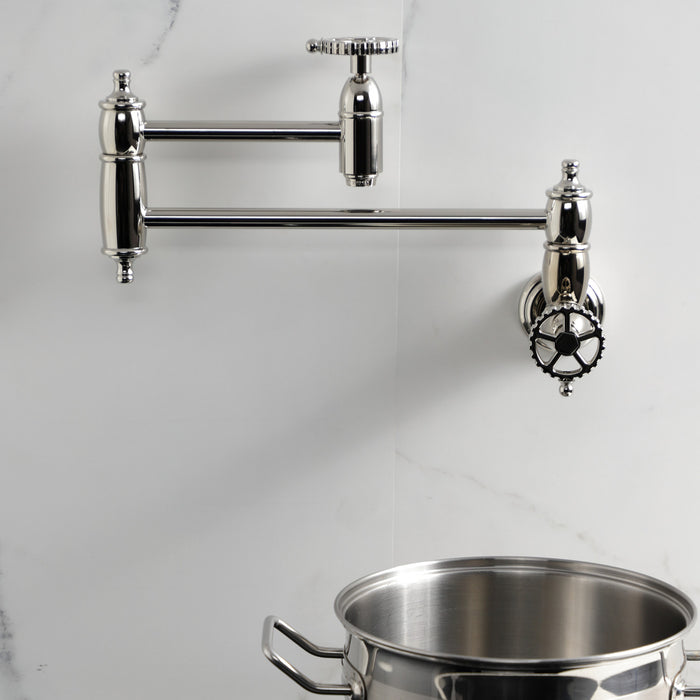 Kingston Tulare KS3106CG - Fuller Two-Handle 1-Hole Wall Mount Pot Filler Faucet, Polished Nickel