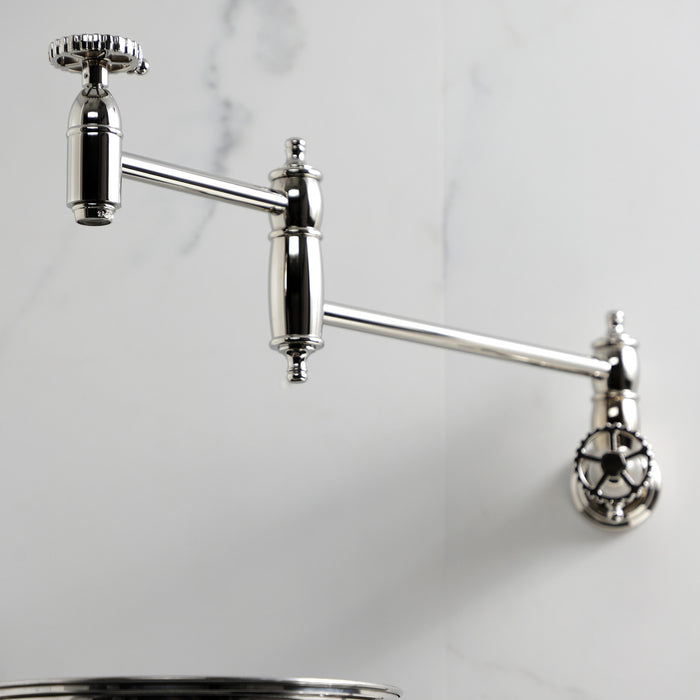 Kingston Tulare KS3106CG - Fuller Two-Handle 1-Hole Wall Mount Pot Filler Faucet, Polished Nickel