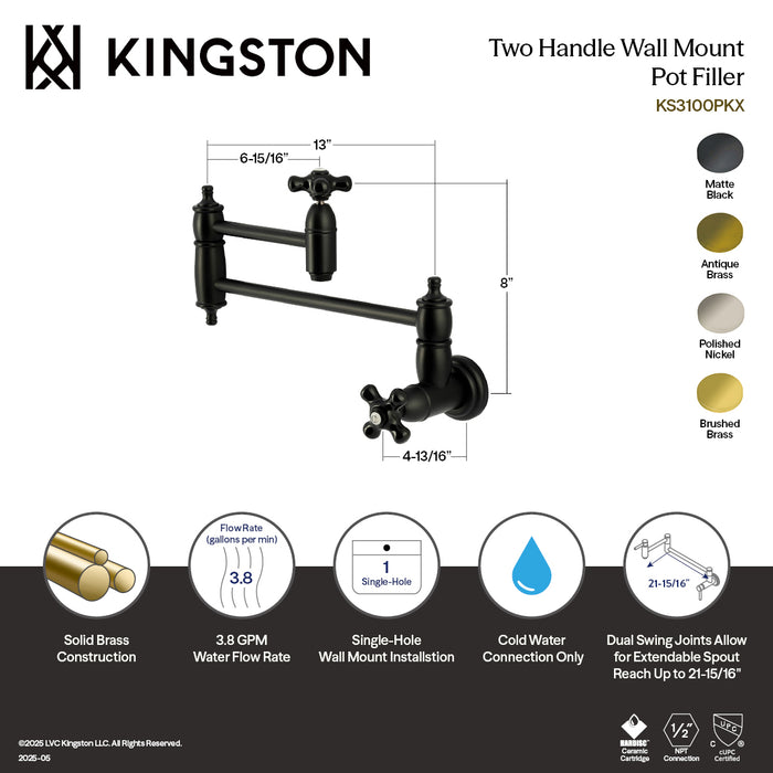 Kingston Heirloom KS3106PKX - Duchess Two-Handle 1-Hole Wall Mount Pot Filler Faucet, Polished Nickel