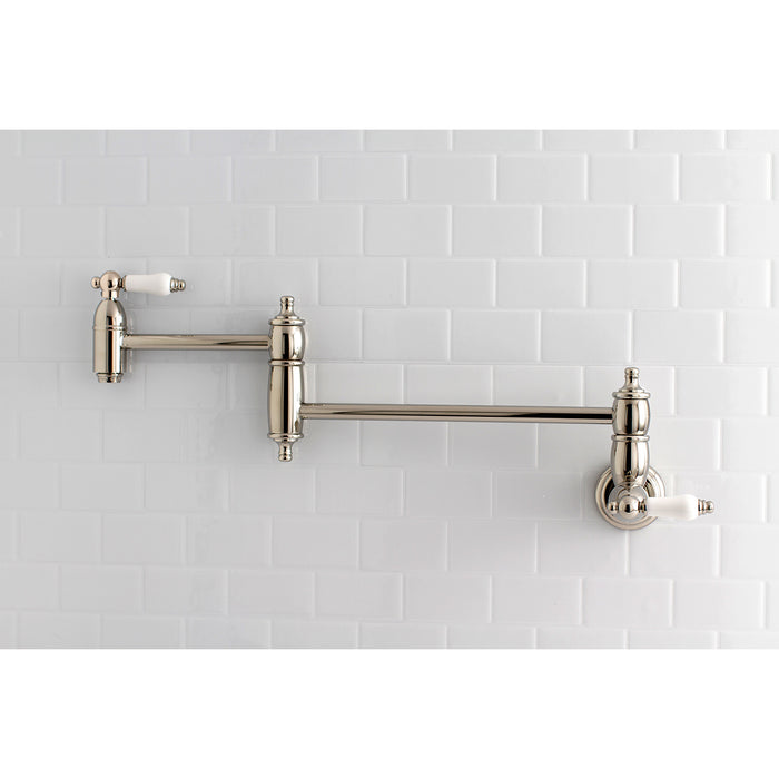 Kingston Heirloom KS3106PL - Restoration Two-Handle 1-Hole Wall Mount Pot Filler Faucet, Polished Nickel