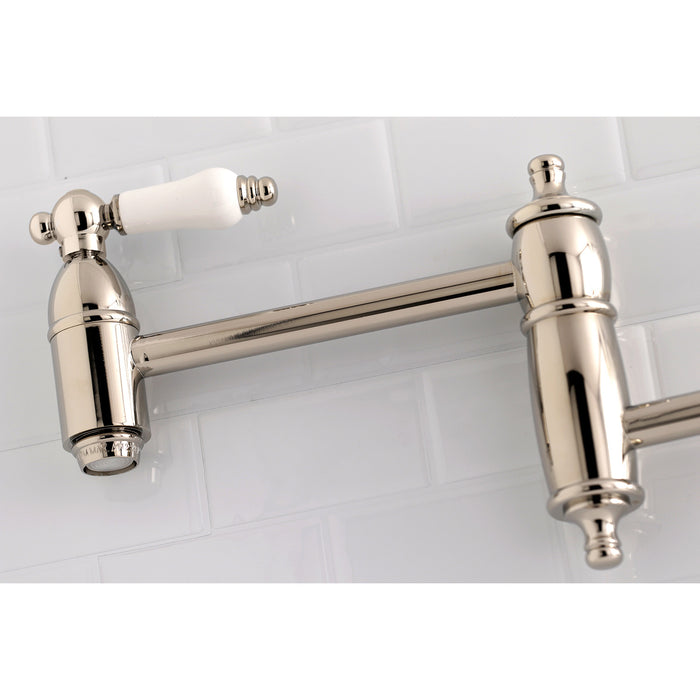 Kingston Heirloom KS3106PL - Restoration Two-Handle 1-Hole Wall Mount Pot Filler Faucet, Polished Nickel
