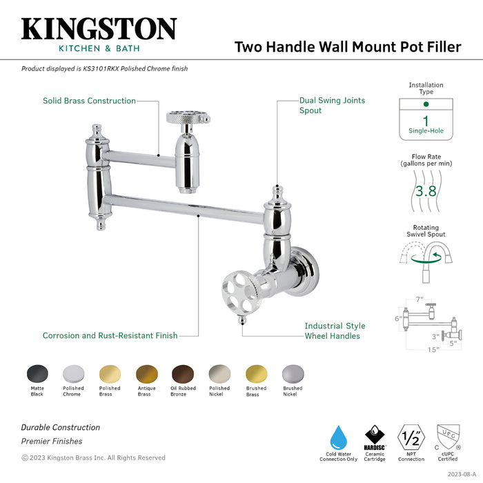 Kingston Tulare KS3106RKX - Webb Two-Handle 1-Hole Wall Mount Pot Filler Faucet with Knurled Handle, Polished Nickel