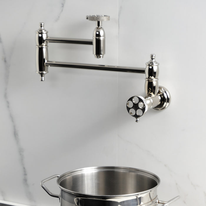 Kingston Tulare KS3106RKX - Webb Two-Handle 1-Hole Wall Mount Pot Filler Faucet with Knurled Handle, Polished Nickel
