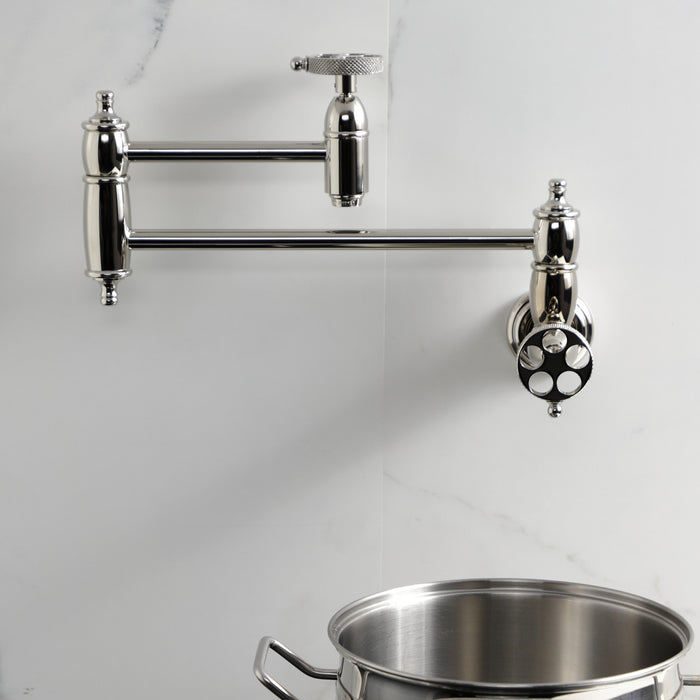 Kingston Tulare KS3106RKX - Webb Two-Handle 1-Hole Wall Mount Pot Filler Faucet with Knurled Handle, Polished Nickel