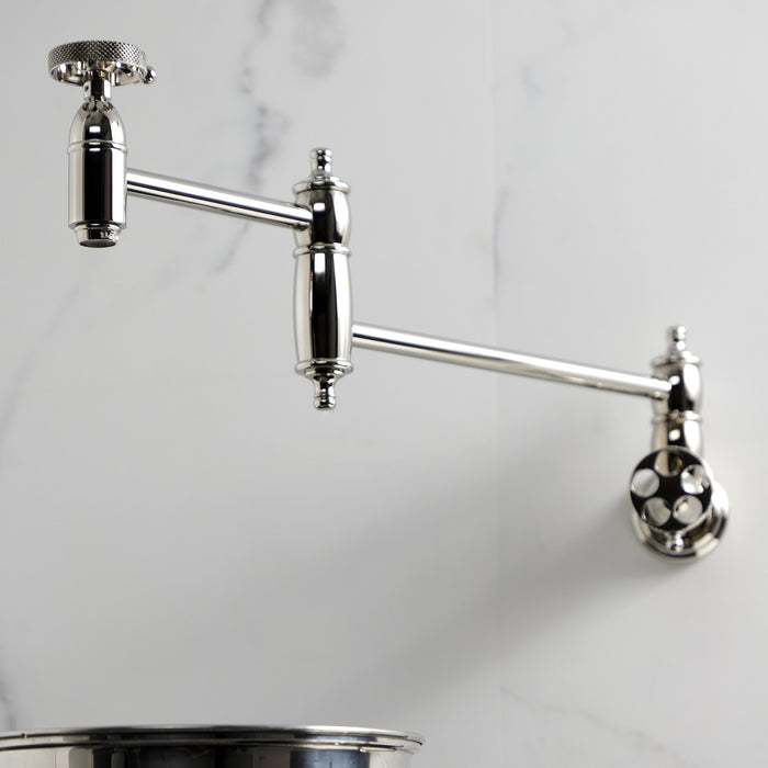 Kingston Tulare KS3106RKX - Webb Two-Handle 1-Hole Wall Mount Pot Filler Faucet with Knurled Handle, Polished Nickel