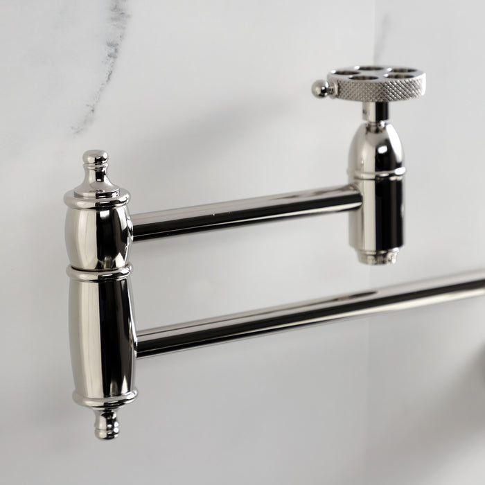 Kingston Tulare KS3106RKX - Webb Two-Handle 1-Hole Wall Mount Pot Filler Faucet with Knurled Handle, Polished Nickel