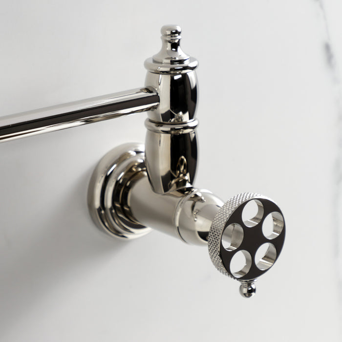 Kingston Tulare KS3106RKX - Webb Two-Handle 1-Hole Wall Mount Pot Filler Faucet with Knurled Handle, Polished Nickel
