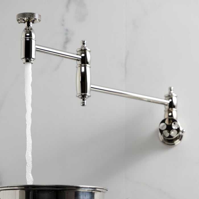 Kingston Tulare KS3106RKX - Webb Two-Handle 1-Hole Wall Mount Pot Filler Faucet with Knurled Handle, Polished Nickel