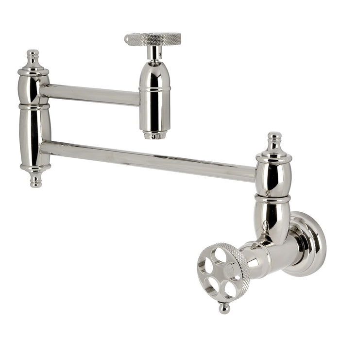 Kingston Tulare KS3106RKX - Webb Two-Handle 1-Hole Wall Mount Pot Filler Faucet with Knurled Handle, Polished Nickel