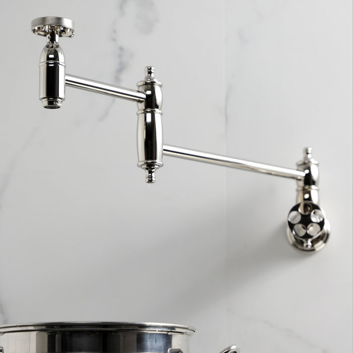Kingston Heirloom KS3106RKZ - Wendell Two-Handle 1-Hole Wall Mount Pot Filler Faucet with Knurled Handle, Polished Nickel