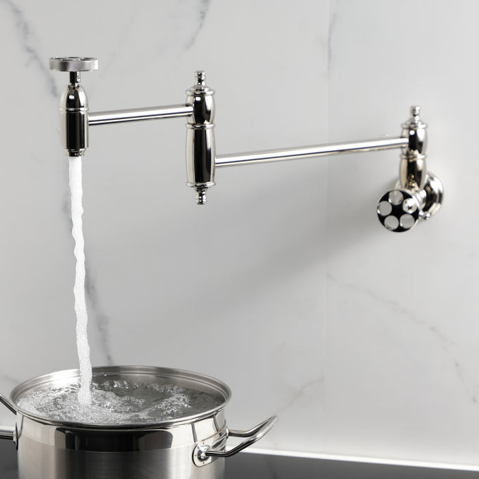Kingston Heirloom KS3106RKZ - Wendell Two-Handle 1-Hole Wall Mount Pot Filler Faucet with Knurled Handle, Polished Nickel