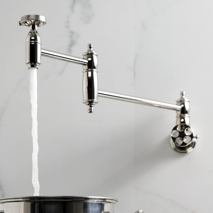 Kingston Heirloom KS3106RKZ - Wendell Two-Handle 1-Hole Wall Mount Pot Filler Faucet with Knurled Handle, Polished Nickel