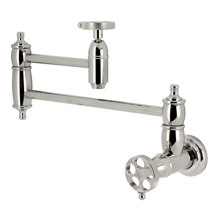 Kingston Heirloom KS3106RKZ - Wendell Two-Handle 1-Hole Wall Mount Pot Filler Faucet with Knurled Handle, Polished Nickel
