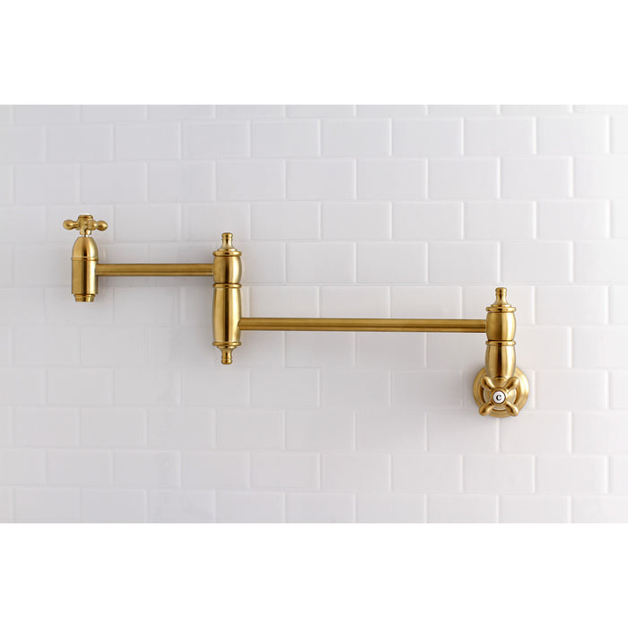 Kingston Heirloom KS3107AX - Restoration Two-Handle 1-Hole Wall Mount Pot Filler Faucet, Brushed Brass